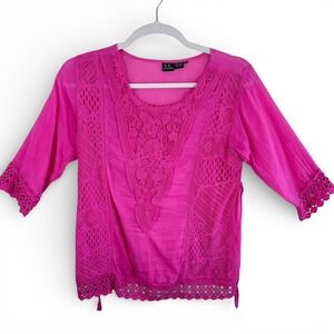 S.R. Fashion Pink Cotton Gauze Crochet Lace Boho Beachy Peasant Blouse Top Large